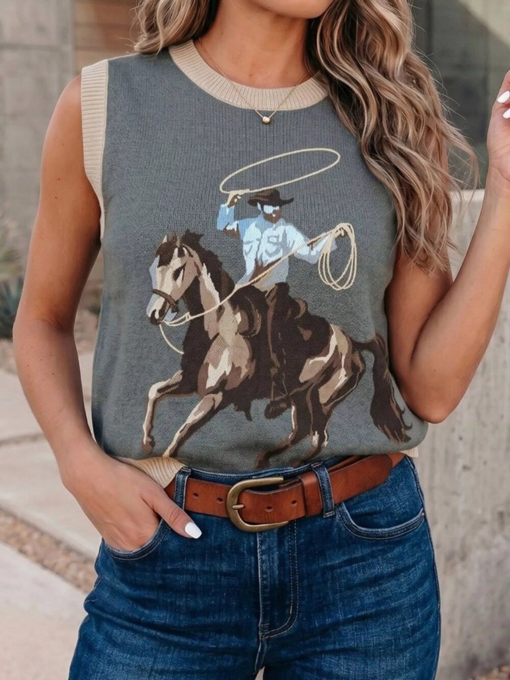 Cotton Rodeo Cowboy Horse Knit Sweater Vest Western Sleeveless Pullover Top